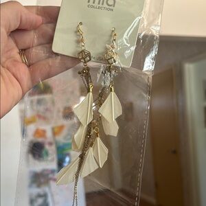 Mia Collection Gold White Feather Dangle Earrings Boho